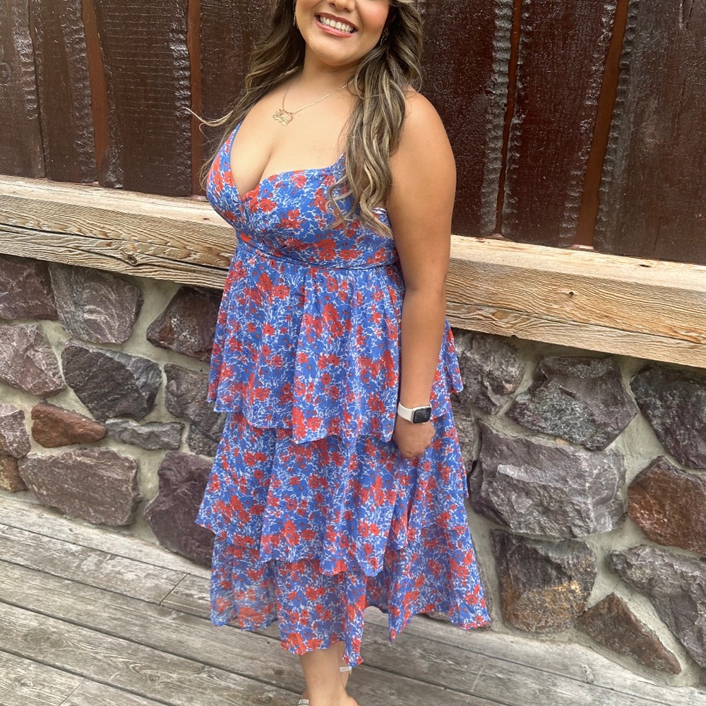 Lulus Adorable Obsession Blue Floral Print Lurex Tiered Midi Dress